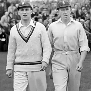 Sir Len Hutton with Dick Pollard at Old Trafford during test match against India