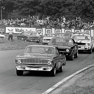 1967 British Saloon Car Championship: Frank Gardner, 1st position, leads Hugh Dibley, retired, Jack Oliver, 2nd position and Brian Muir, 3rd position