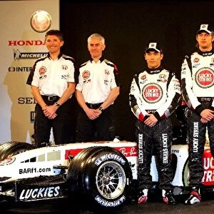 Formula One Launch: Nick Fry, Geoff Willis BAR Technical Director, Jenson Button BAR Honda 007 and Takuma Sato BAR Honda 007