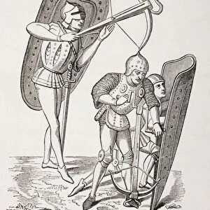 Two 15Th Century French Crossbowmen, One Firing His Weapon, The Other Loading It With A Windlass, Both Protected By Pavises. From Les Artes Au Moyen Age, Published Paris 1873