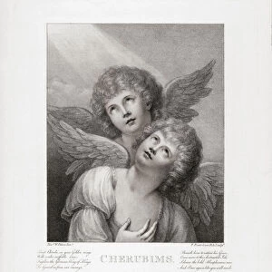Two cherubim. Two angels. After a late 18th century engraving by Francesco Bartolozzi from a work by Matthew William Peters