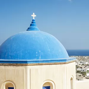 Church With A Blue Dome Roof And View Of The Aegean Sea; Megalochori, Santorini, Greece