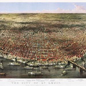 The city of St. Louis, Missouri, United States of America. An aerial panorama of the city published by Currier & Ives in 1874. The chromolithograph was made in the heyday of the Mississippi river steamboats which can be seen in the picture