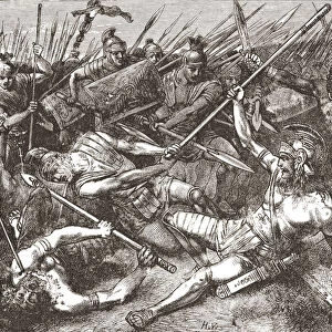 The death of Spartacus in 71 BC during the Battle of the Silarius River near Senerchia in the present day Province of Avellino, Campania, Italy. His revolt ended after his force was defeated by the army of Marcus Licinius Crassus. After a work by German artist Hermann Vogel