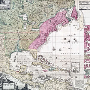 An early 18th century map of the British Empire in North America also showing French, Spanish and Dutch settlements. After a work by British cartographer Henry Popple, ? - died 1743