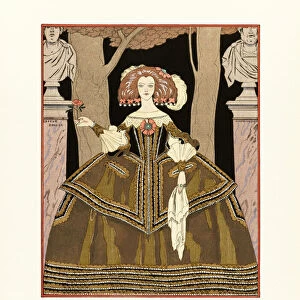 EDITORIAL La Rose de l infante. The Infantas Rose. (An infanta is a daughter of the ruling monarch of Spain or Portugal). Costume, de Worth. Costume by Worth. Art-deco fashion illustration by French artist George Barbier, 1882-1932. The work was created for the Gazette du Bon Ton, a Parisian fashion magazine published between 1912-1915 and 1919-1925