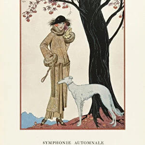 EDITORIAL Symphonie Automnale. Autumn Symphony. Manteau et Robe d apres-midi, de Worth. Afternoon coat and dress by Worth. Art-deco fashion illustration by French artist George Barbier, 1882-1932. The work was created for the Gazette du Bon Ton, a Parisian fashion magazine published between 1912-1915 and 1919-1925