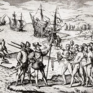 The First Landing Of Columbus On San Salvador Island, West Indies. Christopher Columbus C. 1451 To 1506. Italian Navigator, Colonizer And Explorer. From The Great Explorers Columbus And Vasco Da Gama, After A Print In De Brys Voyages, 1601