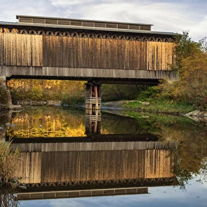 Fisher Covered Railroad Bridge Over Lamoille River In Autumn; Wolcott, Vermont, United States Of America