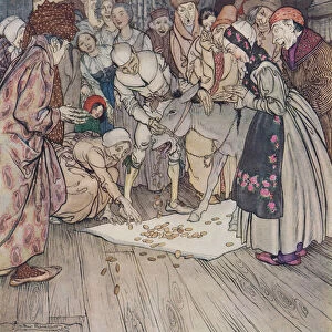 Gold Pieces Fell Down On The Cloth Like A Thunder Shower. Illustration By Arthur Rackham From Grimms Fairy Tale, The Wishing-Table, The Gold-Ass And The Cudgel In The Sack, Published Late 19Th Century