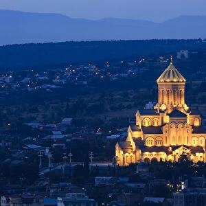 Holy Trinity Orthodox Cathedral in Tbilisi, Georgia lit up at night