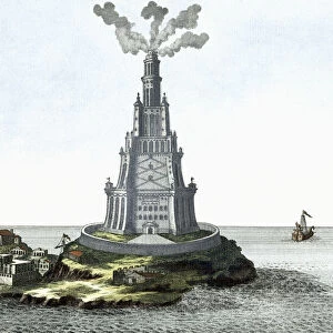 Imaginary reconstruction of the Pharos of Alexandria, one of the 7 wonders of the ancient world. After an 18th century work by Johann Fischer von Erlach