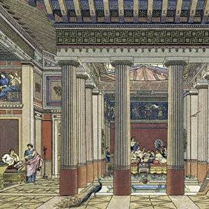 Interior of a rich persons home in Ancient Greece. After a late 19th century work by lithographer Friedrich Gustave Nordmann