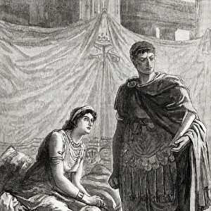 The interview between Cleopatra and Octavian, after his victory over Mark Anthony at the battle of Actium in 31 BC, where she pleads her innocence. Cleopatra VII Philopator, 69 BC - 30 BC. Queen of the Ptolemaic Kingdom of Egypt. Caesar Augustus, 63 BC - AD 14, aka Octavian. First Roman emperor. From Cassells Illustrated Universal History, published 1883