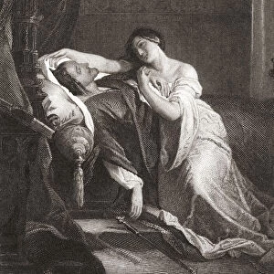 Joanna I of Castile, in Spanish Juana I of Castilla, 1479 -1555, known as Joanna the Mad or Juana la Loca, beside the corpse of her husband Philip, King of Castile, known as Philip the Handsome, on September 25, 1506. From an engraving by Johann Wilhelm Kaiser after a work by Louis Gallait
