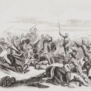 King Ramiro II of Leon defeats Abd-al-Rahman III in the Battle of Simancas, 939 AD. From Las Glorias Nacionales, published in Madrid and Barcelona, 1852