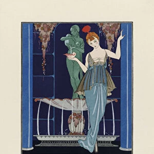 La Fontaine de Coquillages. The Fountain of Shells. Robe du soir de Paquin. Evening dress by Paquin. Art-deco fashion illustration by French artist George Barbier, 1882-1932. The work was created for the Gazette du Bon Ton, a Parisian fashion magazine published between 1912-1915 and 1919-1925