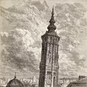 La Torre Nueva Or Inclinada In Zaragoza, Spain In The 19Th Century. Built In The 16Th Century, The Tower Was Demolished In 1892 As It Was Considered Unsafe. From El Mundo En La Mano, Published 1878