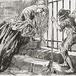 Lady Dedlock And Jo. "he Was Put There, "Says Jo, Holding To The Bars And Looking In, While Lady Dedlock Shrinks Into A Corner. Illustration By Harry Furniss For The Charles Dickens Novel Bleak House, From The Testimonial Edition, Published 1910
