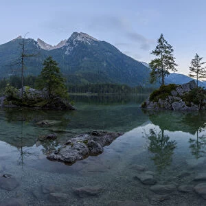 Lake Hintersee with mountains at dawn at Ramsau in the Berchtesgaden National Park in Upper Bavaria, Bavaria, Germany