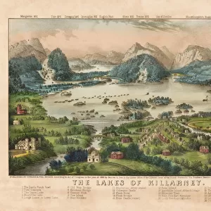 The Lakes of Killarney, after a Currier & Ives print published in 1868. The lakes are one of the main attractions in the Killarney National Park, County Kerry, Republic of Ireland