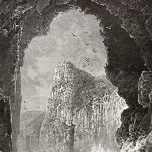 The Lydstep Cavern, Pembrokeshire, Wales, seen here in the 19th century. From Welsh Pictures, published 1880
