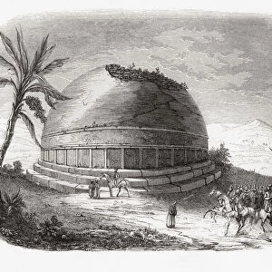 The Mankiala stupa, Tope Mankiala, Mankiala, Potohar plateau, Punjab near Rawalpindi, Pakistan, seen here in the 19th century. A Buddhist stupa at the site where, according to legend, Buddha sacrificed some of his body parts to feed seven hungry tiger cubs. From Monuments de Tous les Peuples, published 1843