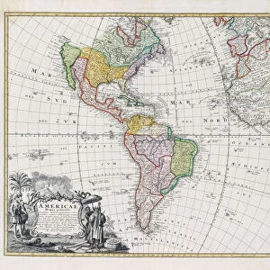 Map of the Americas, Americae Mappa Generalis, by cartographer Johan Baptist Homann, 1664 - 1724, and re-published in 1746 by Homann Heirs, a company formed by Johanns son and others. A curiosity of the map is that it shows the Northwest Passage which though much sought after was not actually made until the 1903-1906 expedition led by Roald Amundsen