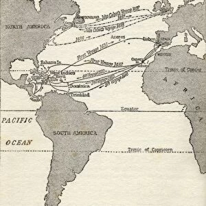 Map Showing The Voyages Of Christopher Columbus And John Cabot. From The Great Explorers Columbus And Vasco Da Gama