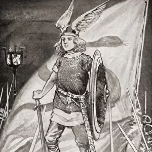 An old Viking custom was to raise the victorious captain on the shields of two warriors. From The Book of Ships, published c. 1920