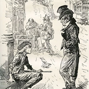 Oliver Falls In With The Artful Dodger. "Hullo, My Covey, Whats The Row?"Said This Strange Young Gentleman To Oliver. "I Am Very Hungry And Tired, "Replied Oliver;The Tears Standing In His Eyes As He Spoke. "I Have Walked A Long Way. I Have Been Walking These Seven Days. "Illustration By Harry Furniss For The Charles Dickens Novel Oliver Twist, From The Testimonial Edition, Published 1910