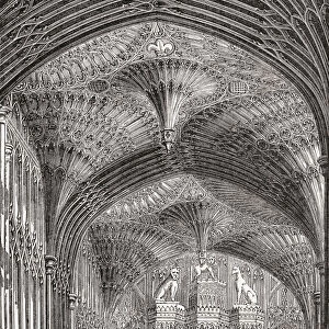 Detail of the pendant fan vault ceiling in the chapel of Henry VII, Westminster Abbey, City of Westminster, London, England. From London Pictures, published 1890
