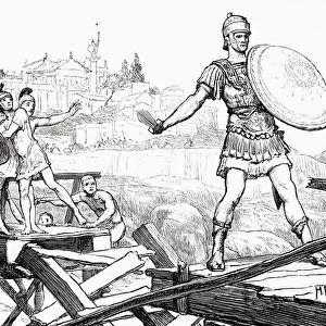 Publius Horatius Cocles, an officer in the army of the early Roman Republic defending the Pons Sublicius from the invading army of Etruscan King Lars Porsena of Clusium in the late 6th century BC, during the war between Rome and Clusium. He defended the narrow end of the bridge and held off the attackers thus allowing his comrades to destroy the bridge behind him. From Cassells Illustrated Universal History, published 1883