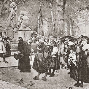 Reception of the French Calvinist Protestant refugees (Huguenots) by the Great Elector in Potsdam Castle, 1685. French Protestants fleeing their country after the abolishment of the Edict of Nantes, seen here during the audience at the court of Frederick William (1640-1688), Elector of Brandenburg. From Ilustracion Artistica, published 1887