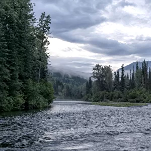 River flowing through a forest with mountains in the distance at dusk, BC, Canada