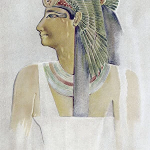 Senseneb, mother of Pharaoh Thutmose I of the early New Kingdom. After a copy by archaeologist Howard Carter of a painted relief from Deir el-Bahri, used in the book The Tomb of Hatshopsitu by Theodore M. Davis, published in London, 1906; Illustration