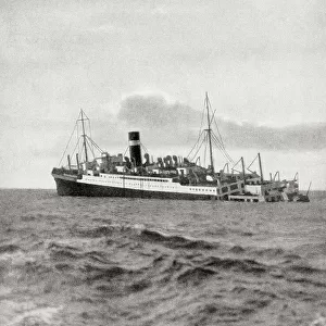 The sinking of the S.S. Athenia, 3 September 1939. Struck by a torpedo from a German submarine, she was the first ship to be sunk in WWII. From The War in Pictures, First Year.