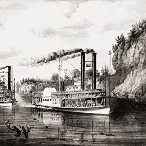 Steamboats racing on the Mississippi river, United States of America in the 19th century. These riverboats contributed to the economic development of the river. Major ports included St. Louis, Missouri and Memphis, Tennessee. After a work published by Currier & Ives in the late 19th century