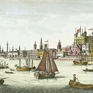 A view of the City of London, England, in the 18th century. The image shows the Tower of London (right), London Bridge (centre left) and St Pauls cathedral (centre left). After a work by an unknown artist