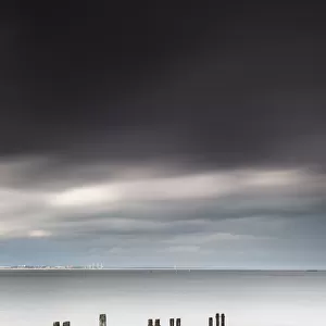 Wooden posts in a row in the shallow water along the coast with a view of a city in the distance under dark storm clouds; St. marys bay northumberland england