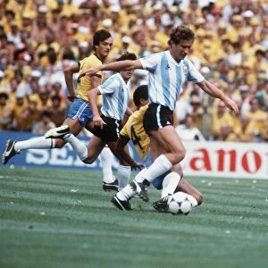 Argentina v Brazil 1982 World Cup match Calderon tackled by Luisinho