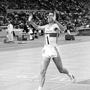 Brendan Foster breasts the tape to win the 5000 metres race at the aA Championships at