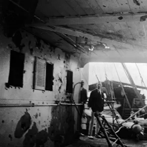 Damage to a British passenger ship caused by the 5. 5 gun of a German submarine off
