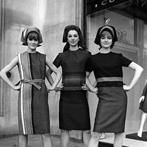 Fashions taken during London Fashion Week 1964 Three women wearing striped dresses