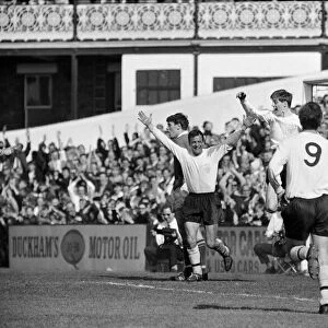 Fulham 1 v. Stoke 1. 1966 League campaign. Clarke is congratulated by his