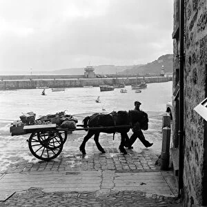 General views of St Ives, Cornwall. A horse and cart pulling fruit and vegetables