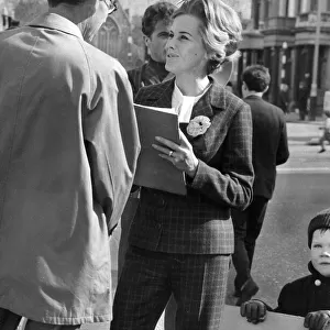 Honor Blackman campaigning for Liberal Party during GLC local elections in London - March