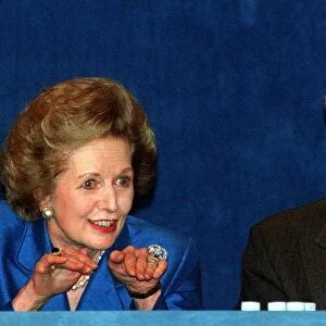 John Major MP and Baroness Margaret Thatcher on the podium at the Conservative Party