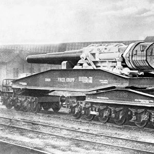A Krupp heavy artillery gun loaded onto a railway truck in Germany during World War One