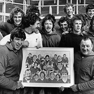 Liverpool captain Emlyn Hughes presents the painting to his manager Bob Paisley as other